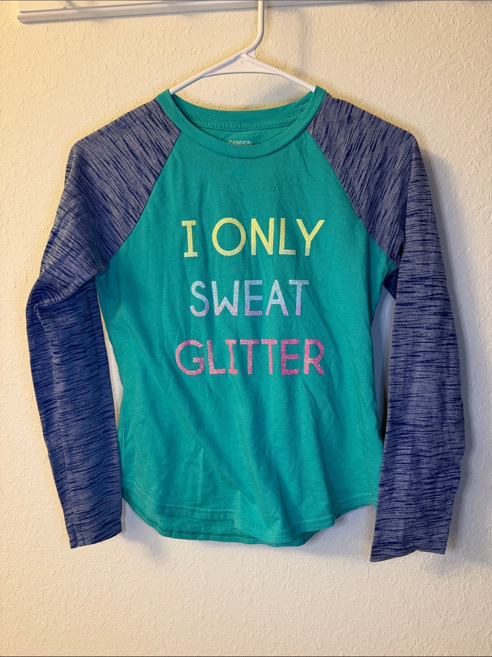 Danskin Teal Raglan Long Sleeve Shirt with Navy Sleeves and Glitter Text